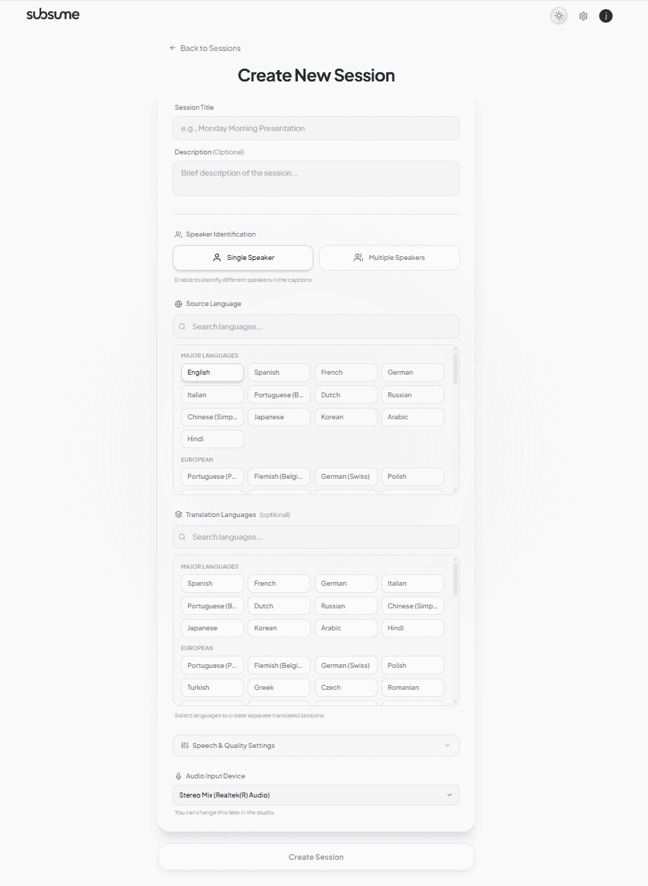 Create new session form